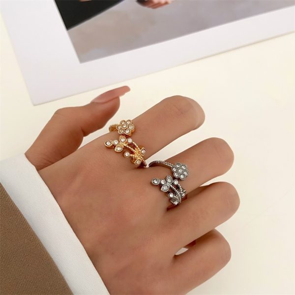 Full Diamond Flower Leaves Female Niche Open Ring