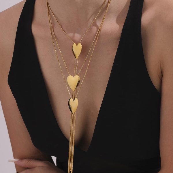 Stainless Steel Glossy Heart Pull-out Long Necklace