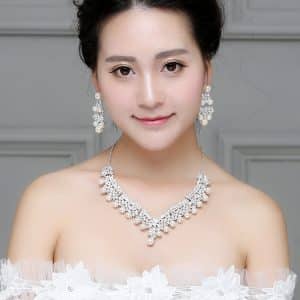 White pearl necklace diamond suit bride wedding accessories hair earrings set 0284