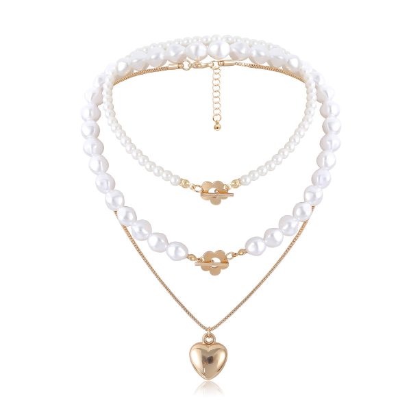 European And American Jewelry Elegant Geometric Pearl Set Necklace Simple Temperament Small Flower OT Buckle Heart-shaped Necklace