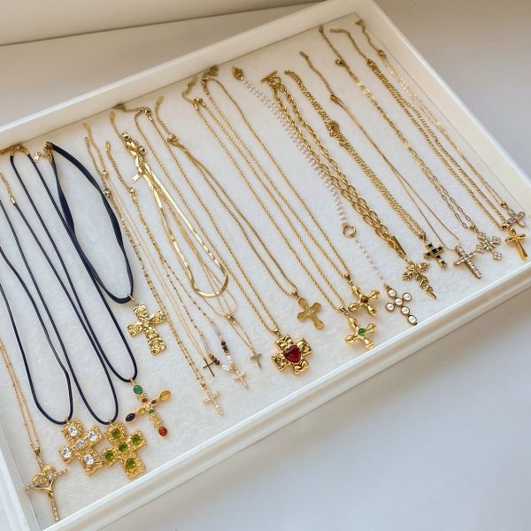 Stainless Steel Cross Shelf Necklace Natural Stone Clavicle Chain