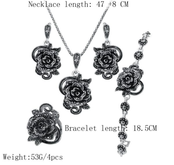 Unique creative four-piece set of inlaid gray diamond flower high-end set jewelry