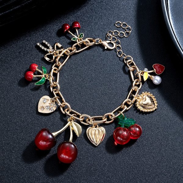 Cherry Alloy Peach Heart Bow Pendant Adjustable Bracelet