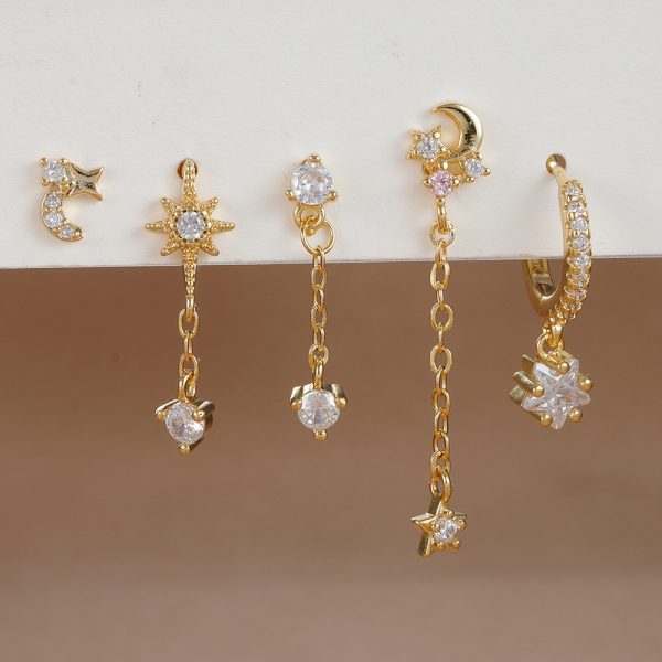 Five-piece Earings Set Chain Star Moon