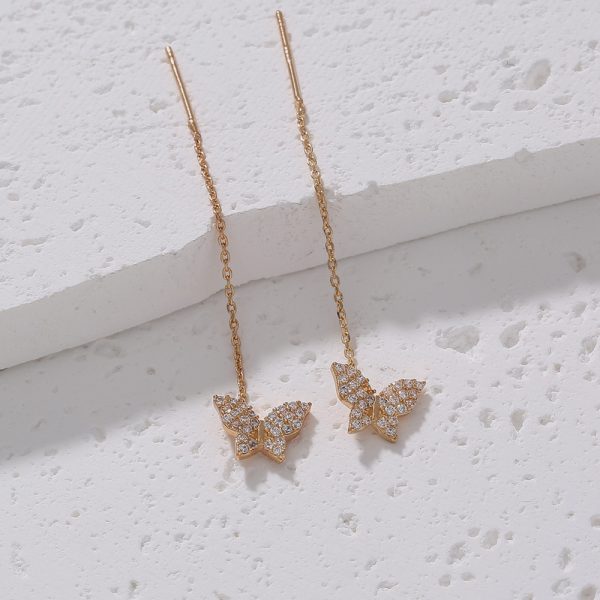 Butterfly Copper Micro Set Zircon Tassel Ear Line Femininity Senior Sense Long Tassel Face Thin Delicate Earrings