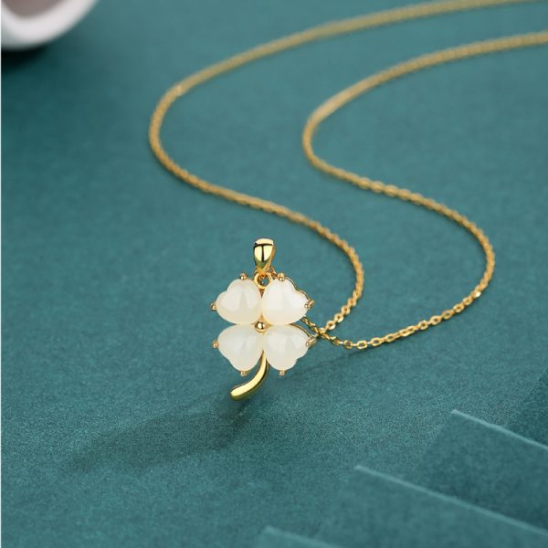 Lucky Four-leaf Clover Necklace Female S925 Sterling Silver Hetian Jade
