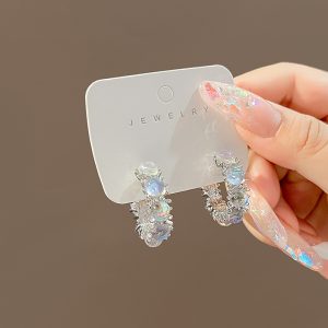 Full Rhinestone Zircon C- Shaped Circle Ear Studs