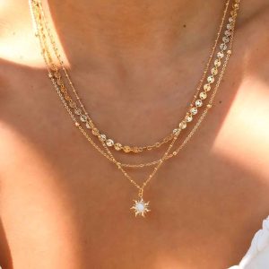 Stainless Steel Rhinestone Four Eight-pointed Stars Pendant Three-layer Necklace