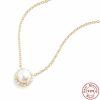 S925 Sterling Silver Round Rhinestone Pearl Pendant Clavicle Chain