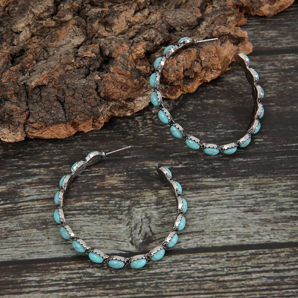 Retro Western Style Turquoise Large Circle C- Shaped Turquoise Eardrop Earring
