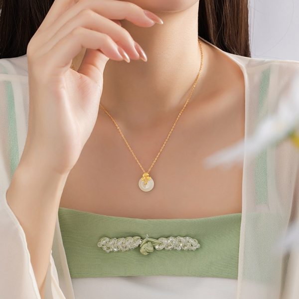 Sterling Silver 925 Hetian Jade Necklace Peace Buckle Clavicle Ins Ginkgo Leaf Pendant