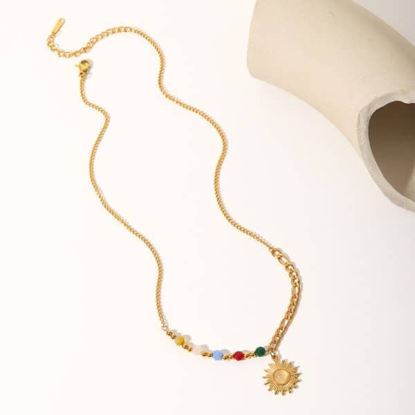18K Gold Natural Stone Opal Sun Pendant Color Stone Necklace
