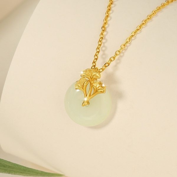 Sterling Silver 925 Hetian Jade Necklace Peace Buckle Clavicle Ins Ginkgo Leaf Pendant