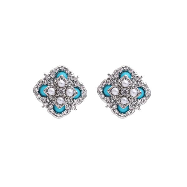 Natural Turquoise Four-leaf Flower Pearl Necklace Ear Stud