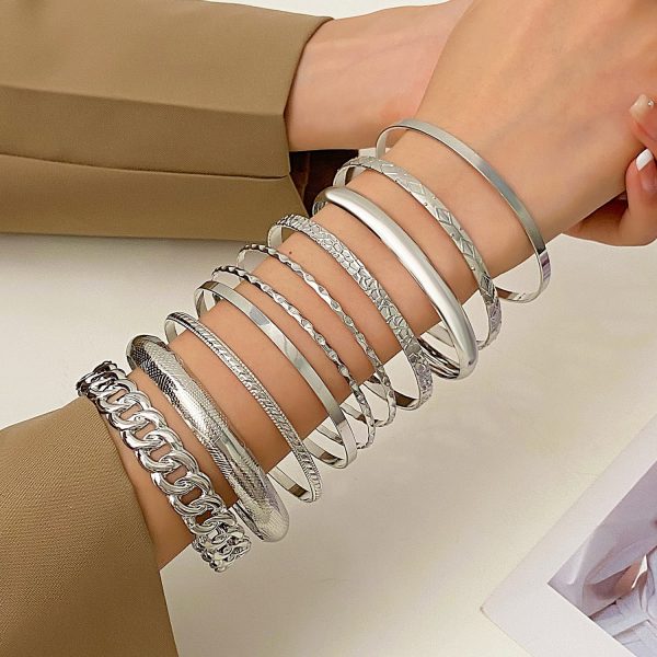 Ethnic Style Alloy Retro Wide Gold Glossy Wristband Bracelet 10 PCs Set