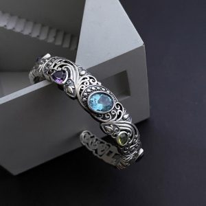 Vintage Distressed Cutout Carvings Flower Basket Topaz Bracelet
