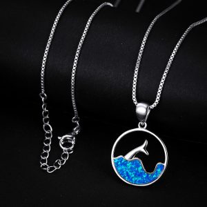White Gold Round Blue Opal Sea Fishtail Necklace