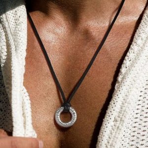 Letter Stainless Steel Ring Pendant Leather Rope For Necklace