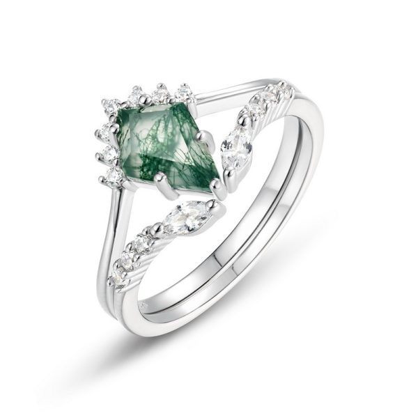 Natural Green Moss Stone Stacked S925 Silver Inlaid Agate Ring