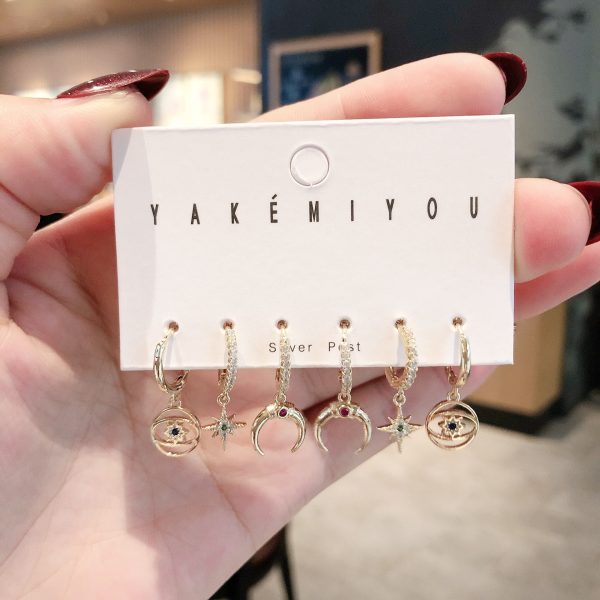 Personalized 6-piece set of micro-inlaid moon star earring