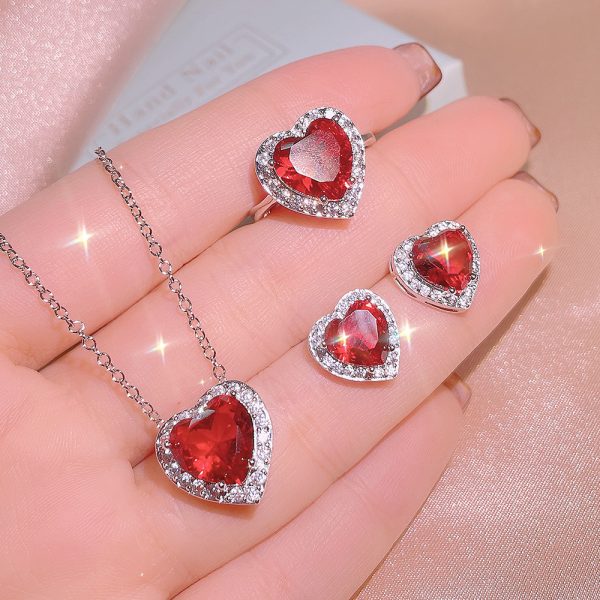 Garnet Ring Pendant Stud Earrings Three Piece Jewelry Set