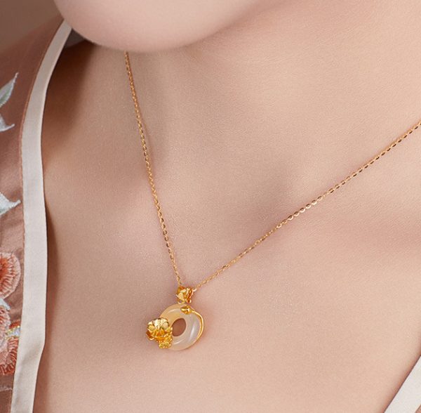 White Chalcedony Peace Buckle Peach Blossom Pendant Sterling Silver Necklace