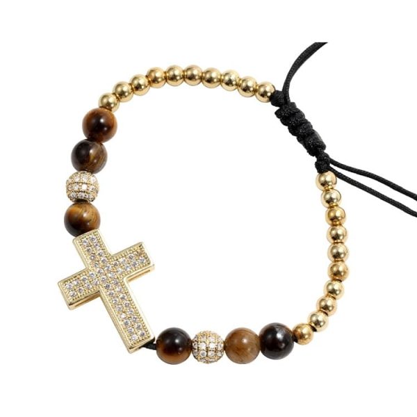 Copper gold-plated full diamond cross bracelet for men