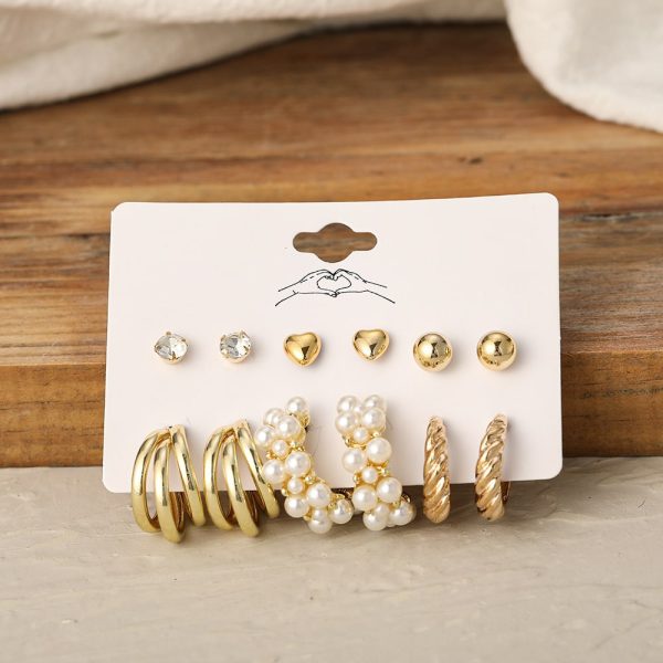 Cross-border Hot Selling Inlaid Pearl Twist Temperament Women's Earrings Set 6 Pieces Creative Retro Gold Love Heart Stud Earrings