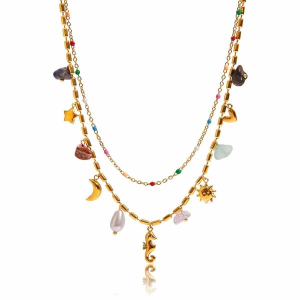 Vintage Bohemian Style Natural Gravel Double-layer Accessories Hippo Pendant Twin Necklace