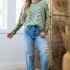 Green Stripe Thermal Knit Drop Shoulder Casual Top