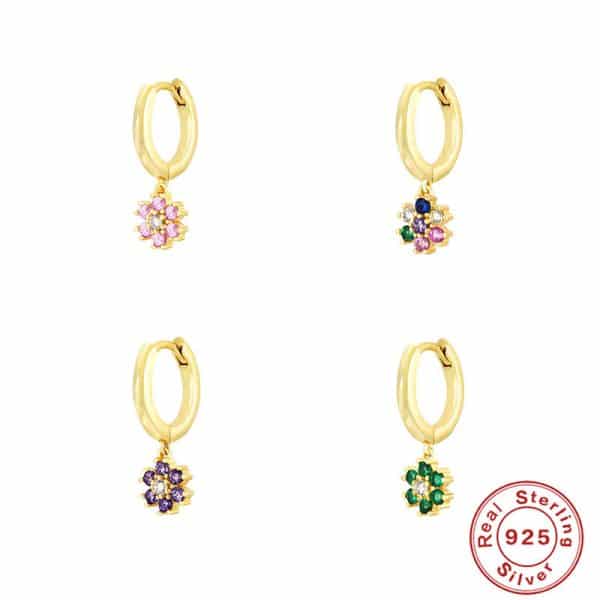 S925 Sterling Silver White Stone Rose Red 6 Stone Snowflake Ear Drops