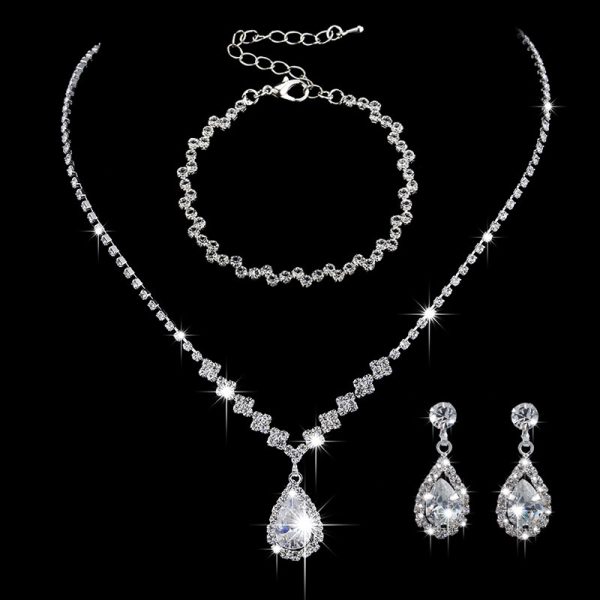 Brilliant Full Diamond Zircon Water Drop Necklace Eardrop Jewelry Set