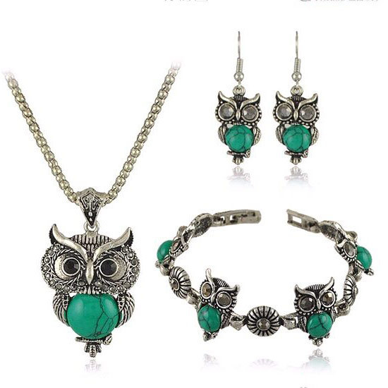 Turquoise Jewelry Set Vintage Imitation Thai Silver Owl Three-piece Set Chain