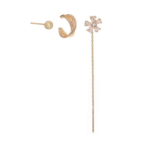 Gold Fashion Personality Small Irregular Flower Pin Three-piece Set Of Copper Micro-inlaid Zircon Earrings