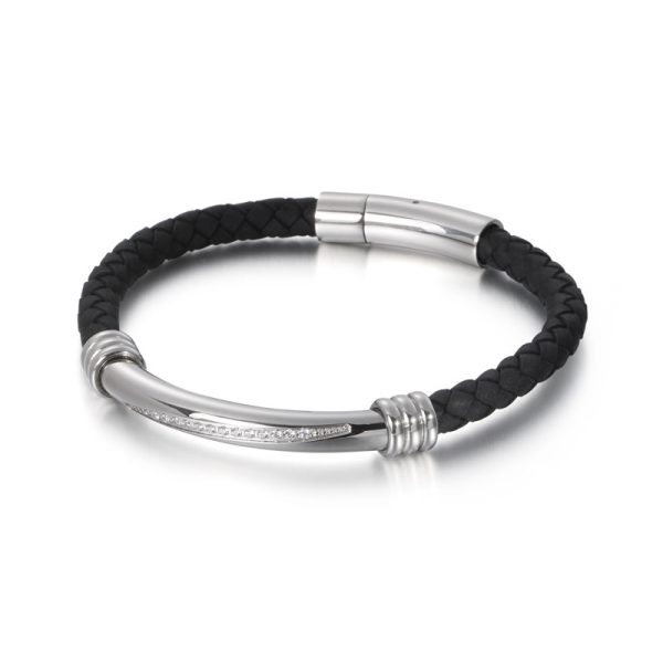 Men's Geometric Elbow Stainless Steel Diamond Leather Woven Bracelet
