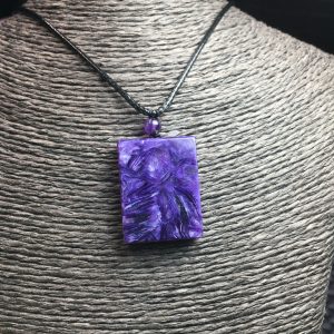 Natural Charoite Square Plate Pendant With Leather Rope