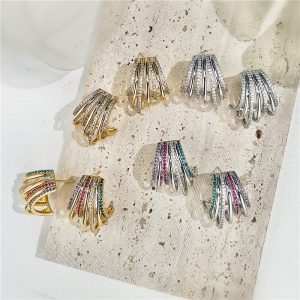 Light Luxury Multi-layer Micro-inlaid Colorful Crystals Circle Personality Hollow Out C- Shaped Earrings