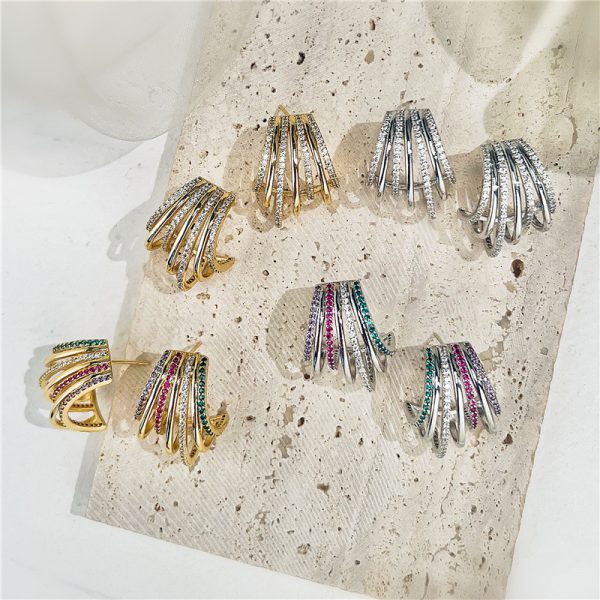 Light Luxury Multi-layer Micro-inlaid Colorful Crystals Circle Personality Hollow Out C- Shaped Earrings