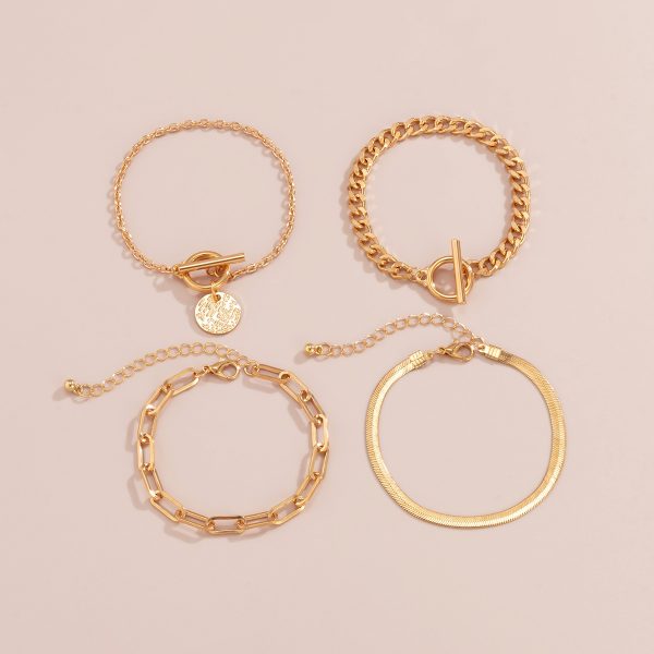 Punk Metal Chain Bracelet 4-Piece Set  Hollow Geometric Flat Snake Bone Cuff  Edgy Hip-Hop Jewelry In Gold & Silver