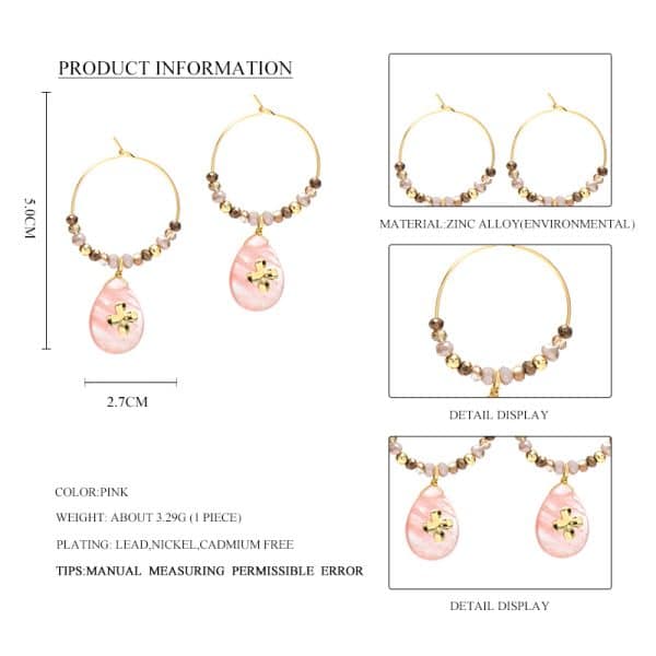 Women Fashion Natural Stone Hoop Earrings With Pink Waterdrop Stone