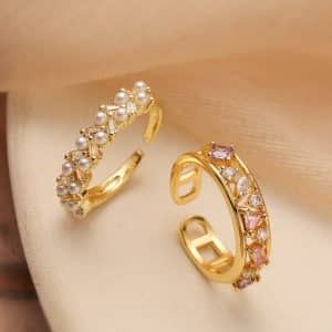European And American Special Interest Light Luxury Copper Plating 18K Gold Zircon Pearl Geometric Adjustable Ring For Women