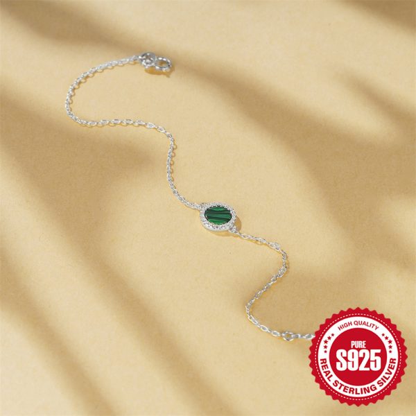 S925 Sterling Silver Classic Round Malachite Diamond All-match Bracelet