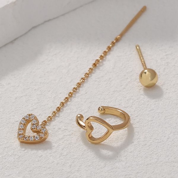 Personality Minority Love Three-piece Set Of Gold Copper Micro-zircon Ear Clip Earrings Female