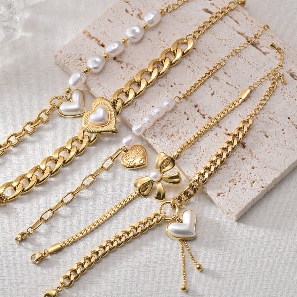 Heart Bracelet Stainless Steel Gold-plated Pearl Handmade Chain