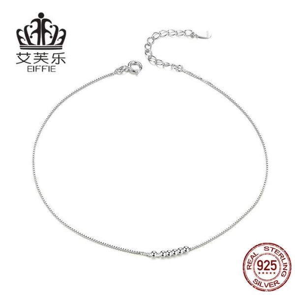 Sterling Silver Anklet Round Beads White Gold Plated S925 Simple