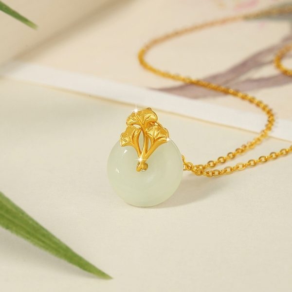 Sterling Silver 925 Hetian Jade Necklace Peace Buckle Clavicle Ins Ginkgo Leaf Pendant