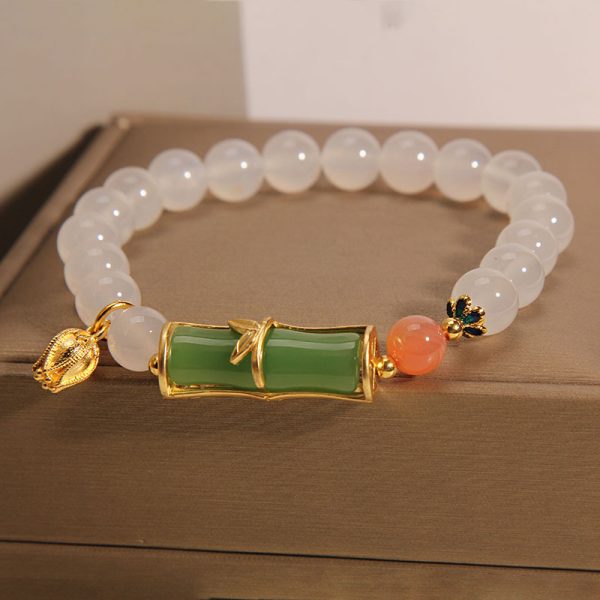Mild Luxury Retro White Agate Jasper New Chinese Style Bamboo Beaded Bracelet For Women