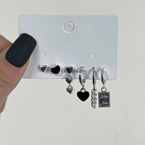 Sweet And Cool Six-piece Earring Set Black Heart