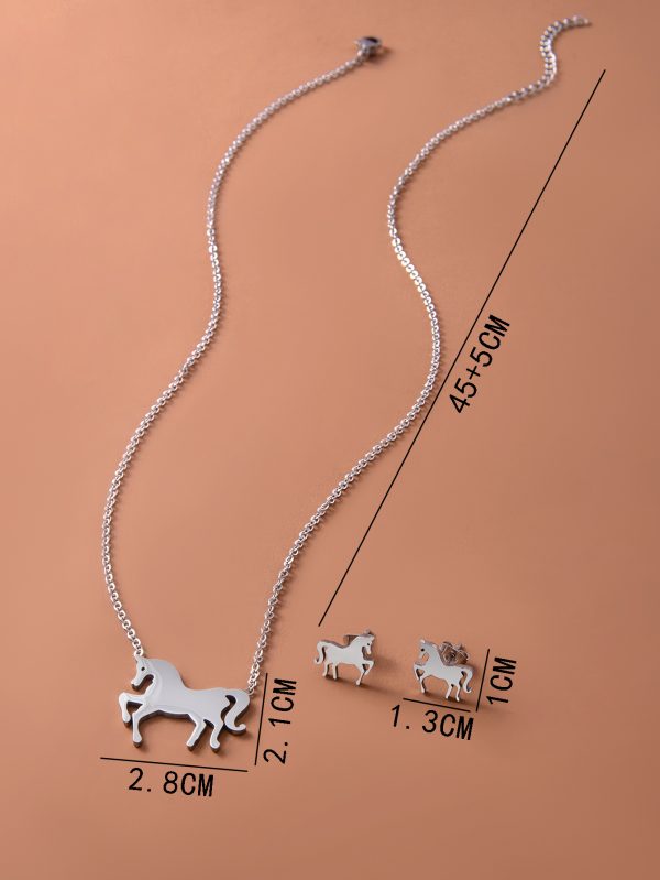 Stainless Steel Gold Silver Unicorn Horse Necklace Earrings Jewelry Set