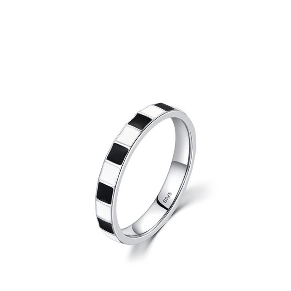 S925 Sterling Silver Epoxy Classic Black And White Plaid Ring Fashion